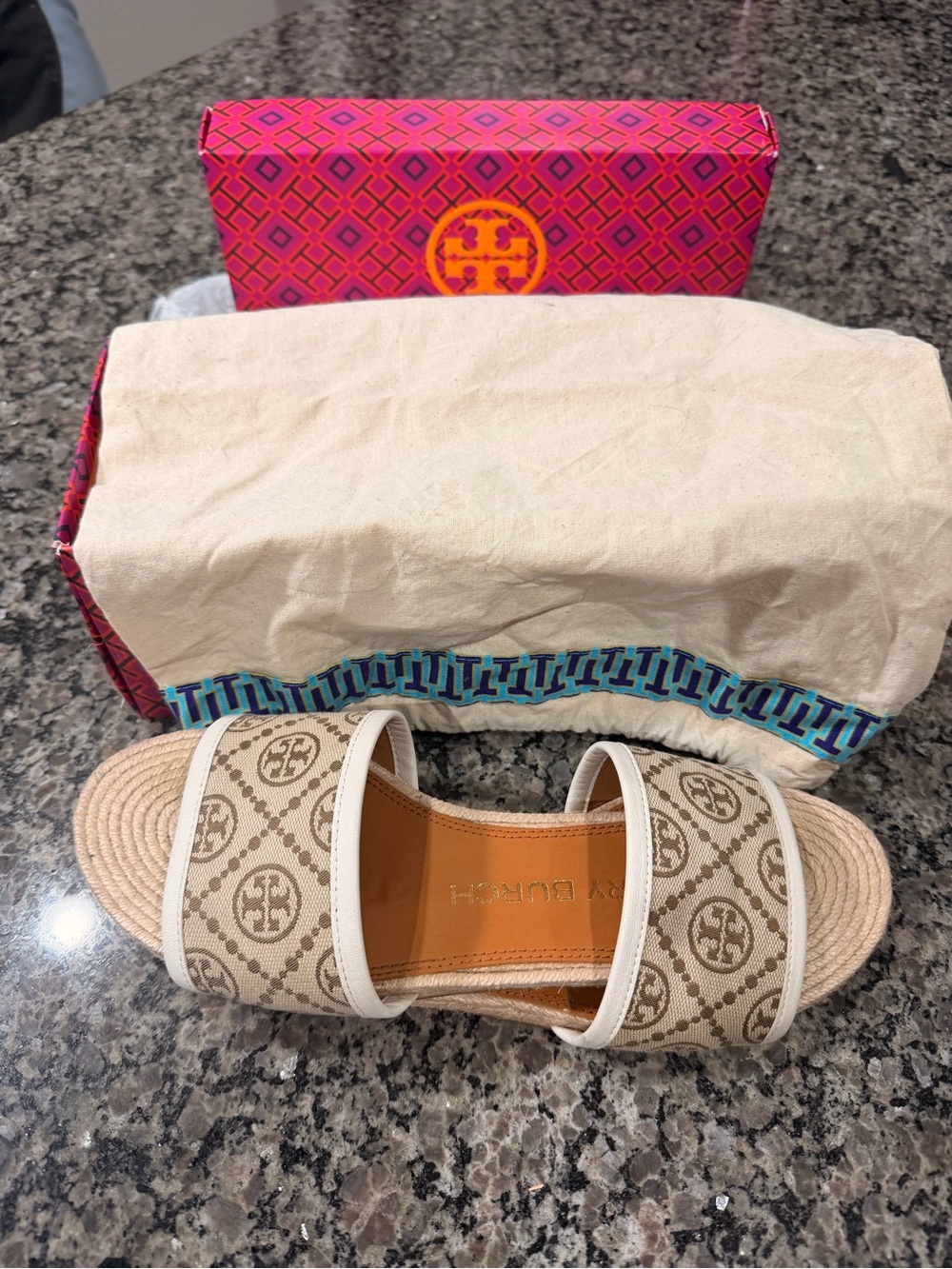 Tory Burch Beige Logo Canvas Slide Sandals - Picture 3 of 4